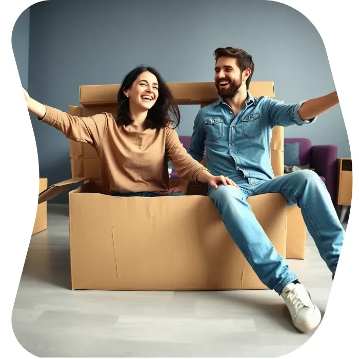 Two guys sitting on the floor of their apartment with Muval moving boxes